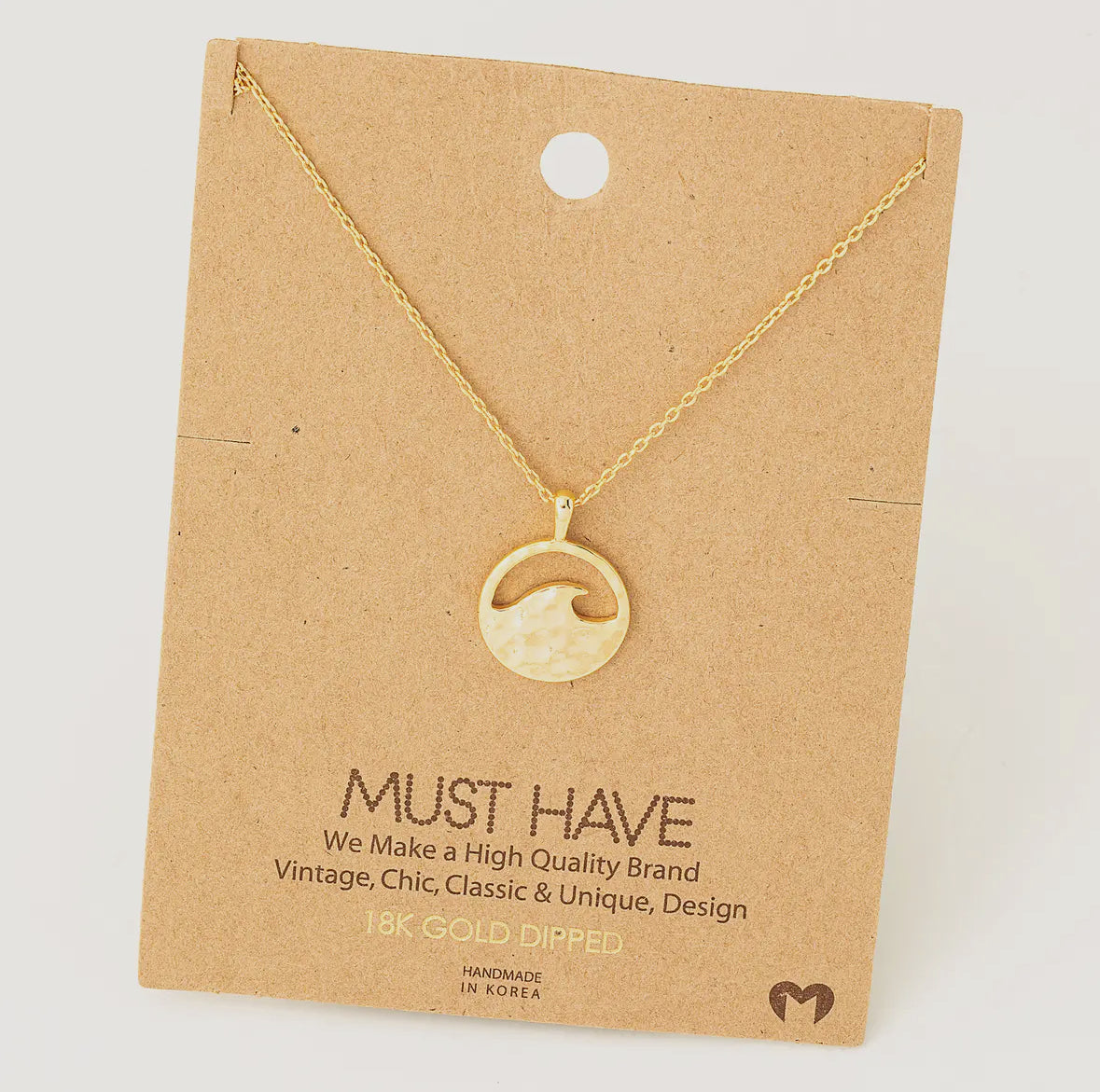 Gold Hammered Wave Coin Pedant Necklace