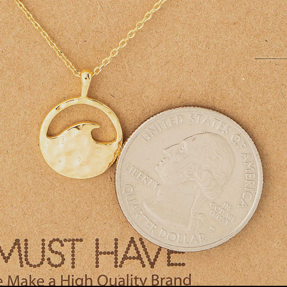 Gold Hammered Wave Coin Pedant Necklace