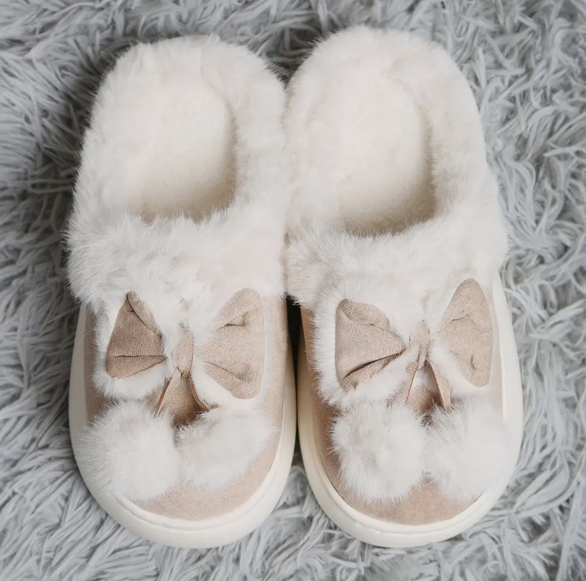 Bow Pom Pom Faux Suede Slippers