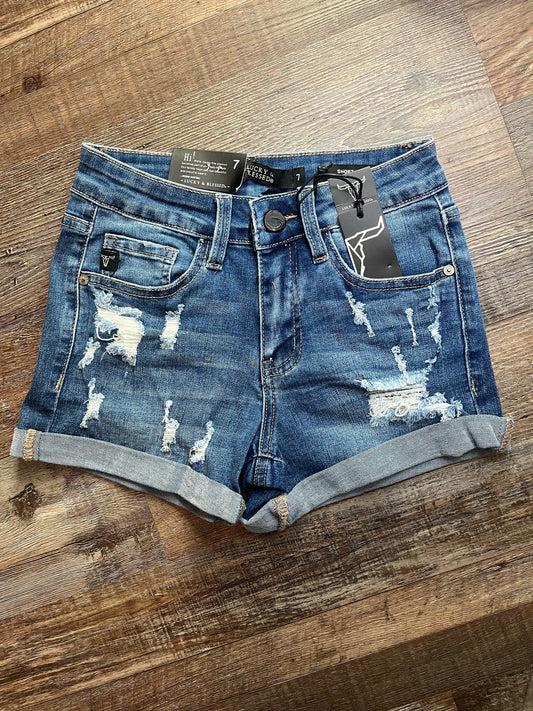 Girls Dark Wash Distressed Shorts