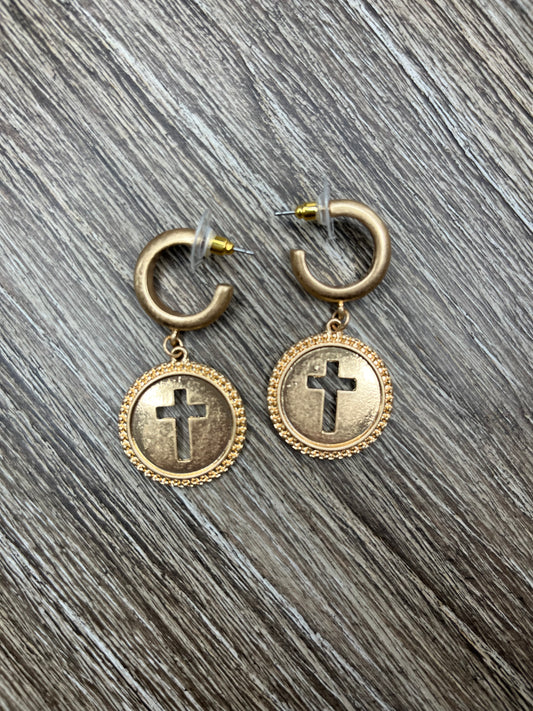 Coin Cross Drop Hoop Earrings